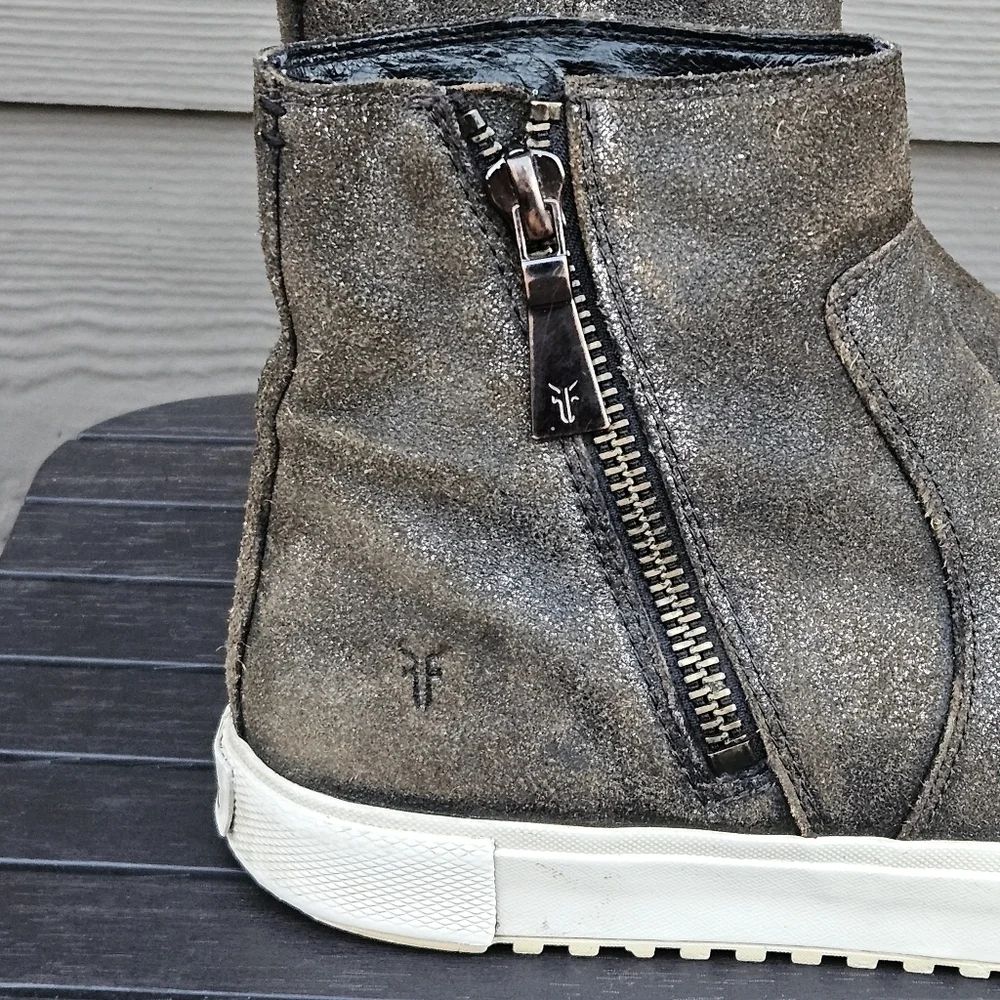 Frye Gia Side Zip Leather High Top Sneakers Silver Bronze Gold Metallic Size 8
